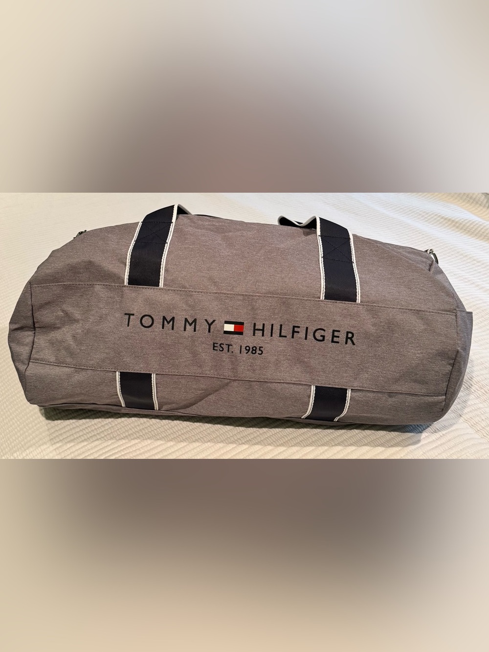 Tommy Hilfiger Gray Duffel with Navy Trim - Logo Travel Bag
